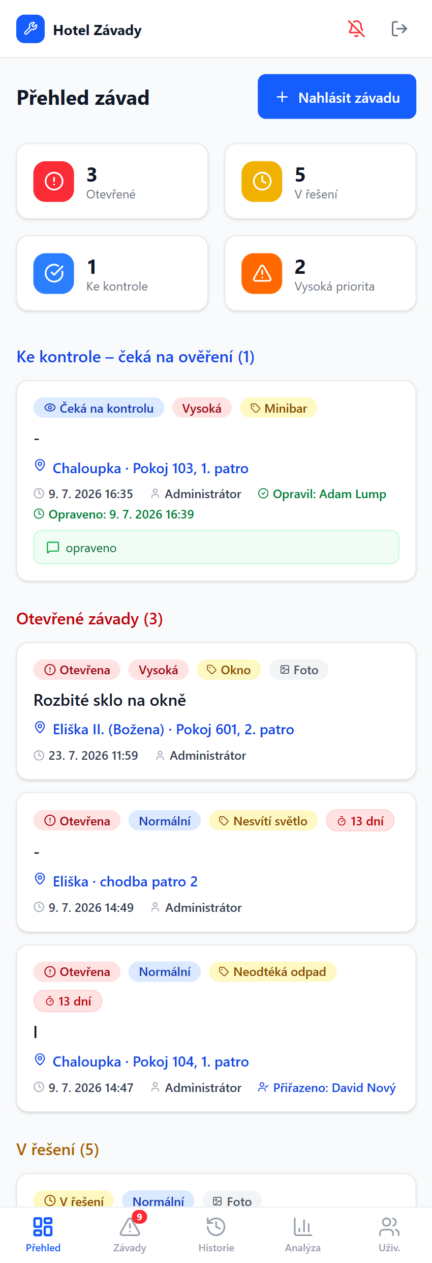 Přehled závad
