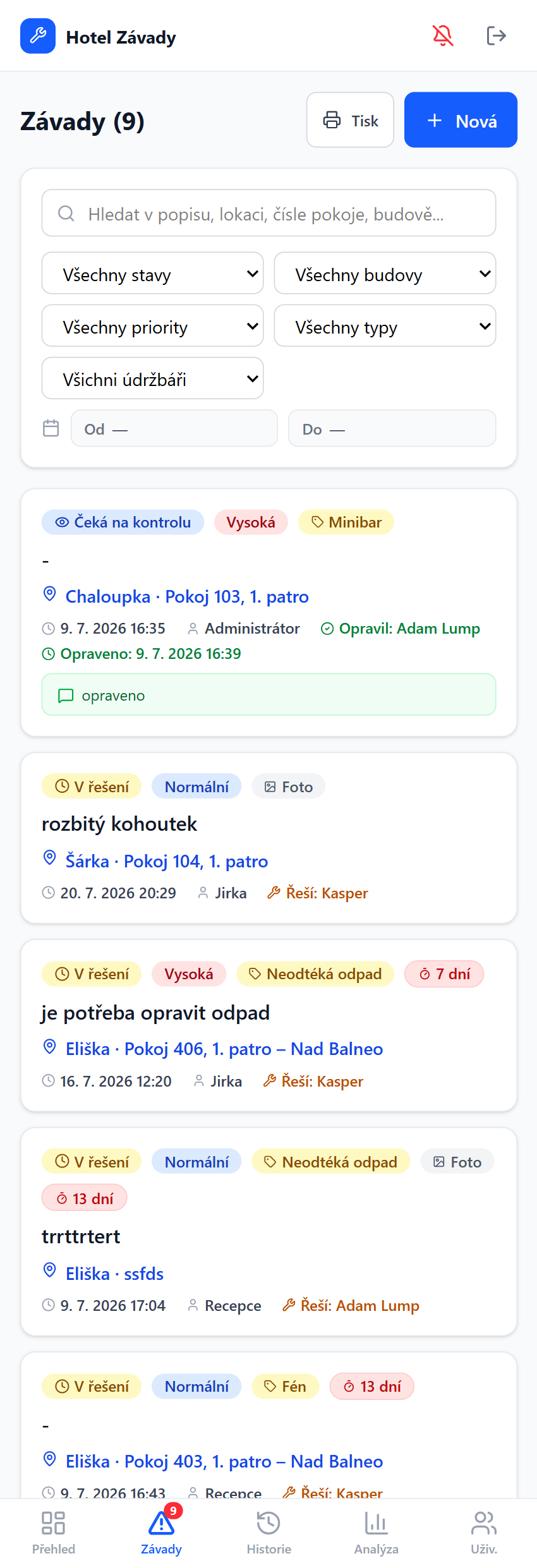 Seznam a filtrování závad